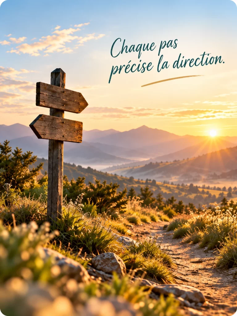 Panneau directionnel sur un chemin au lever du soleil, illustration du coaching individuel