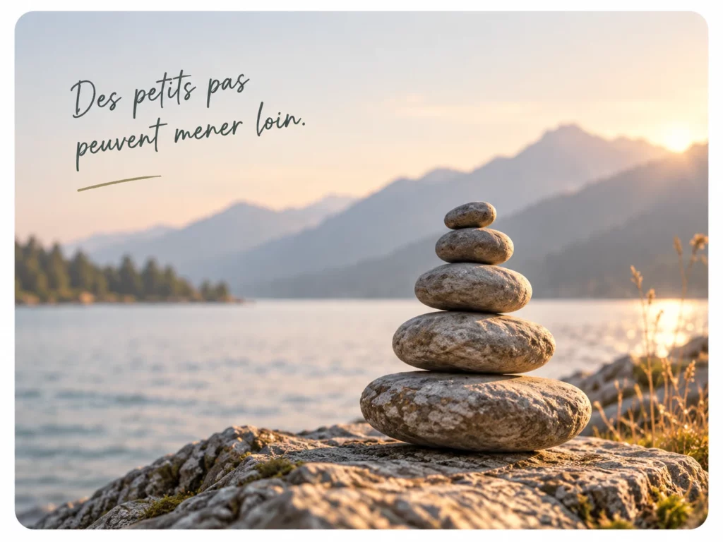 Empilement de pierres au bord d’un lac, symbole d’un cheminement progressif